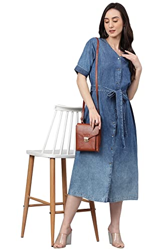 Image of Janasya Women's Denim Solid Straight Western Dress