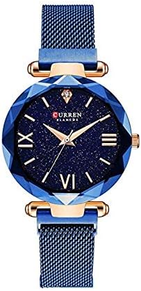 CURREN 9063 Luxury Women Watches Mesh Ladies Clock Magnet Buckle Starry Diamond Geometric Surface Casual Dress Quartz Wrist watch – Blue