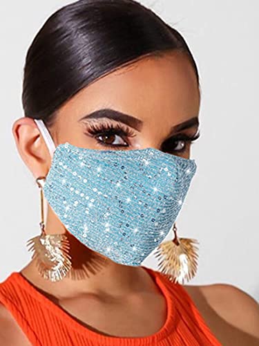 Image of Sparkly Sequins Mouth Masc Fashion Designer Glitter Cotton Face Cover With Adjustable Ear Loops Reusable Masquerade Party Nightclub Rave Festival Sequins Face Covering (Light Blue)