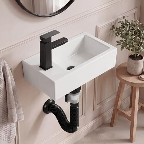 Lavabo rectangular de 10 x 18 pulgadas evita salpicaduras en aseos pequeños con grifo negro 2