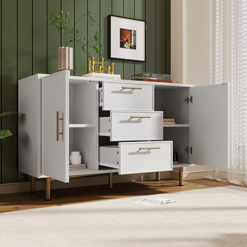 Nasery Sideboard Cabinet for Living Room, Chest of Drawers with with 2 doors and 3 drawers, Adjustable shelf,Organiser Unit for Bedroom,Living Room, White, 40D x 120W x 75H CM - Image 6