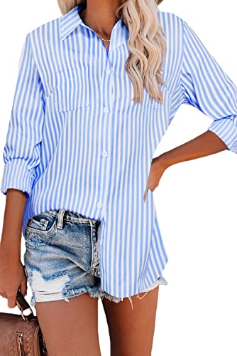 Hotouch Womens Linen Collared Button Down Shirt Comfortable Blouse Top A-Cotton-Blue Stripe, X-Large, Long Sleeve #TOP27