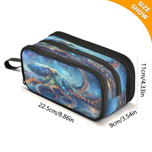 Image of ALAZA Octopus Blue Pencil Case for Boys Girls Kids Pencil Pouch 3 Compartment Pen Bag Large Capacity Storage Pencil Holder School Students with Zipper