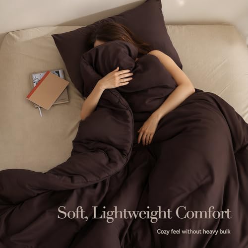 Image of ROSGONIA King Size Comforter Set Brown, 3pcs(1 Dark Brown Comforter & 2 Pillowcases) All Season Bedding Lightweight Bedspread Blanket Quilts