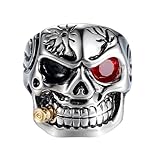 Anillo vintage gótico con forma calavera y bala para fumar, para hombre, sello esqueleto fantasma, acero inoxidable, ideal para cócteles, fiestas, motociclistas, Halloween, diamante rojo (Red, 11)