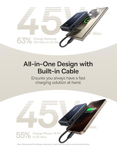 Baseus Nomos Qi2 Magsafe Powerbank, 15W Magnetische Powerbank voor iPhone 16/15/14/13, Externe Batterij 45W USB-C Snel Opladen, 10000mAh Powerbank Opvouwbaar met Display, Klein Maar Sterk, Zwart - Afbeelding 5