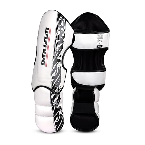 Image of MAUZER Muay Thai MMA Shin Guards with Instep Foot Protection High Density EVA Padding Adjustable Velcro Straps Synthetic Leather Kickboxing Guards (White and Black, Small)