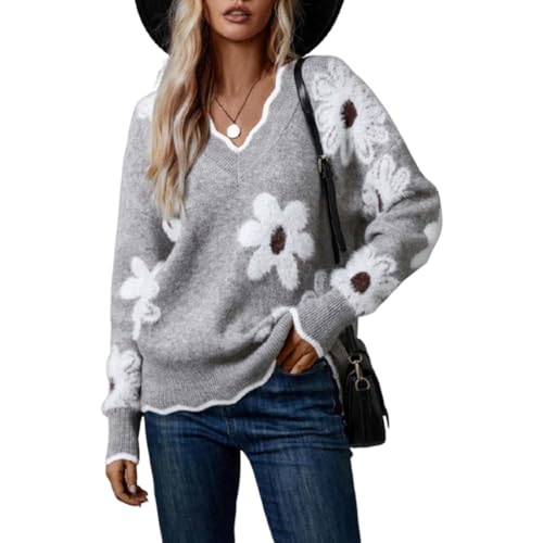 Women's Floral Pattern Scallop Trim Sweater, V Neck Sexy Drop Shoulder Knit Pullover Sweaters, V Neck Knit Sweater (Gray,X-Large)