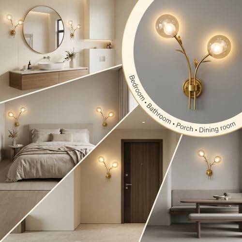 Image of 2-Light Gold Wall Lamp | 3-Color CCT (Warm + Natural + Cold White) | Dual Glass Globe Metal Wall Light for Living Room & Bedroom