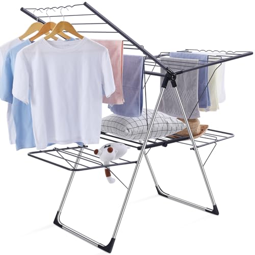 APEXCHASER Clothes Drying Rack, Foldable 2-Level Laundry Racks for Drying Clothes Rack, with Height-Adjustable Wings, Indoor/Outdoor Portable Dryer for Clothing and Towels by APEXCHASER - Used condition - US$53.43