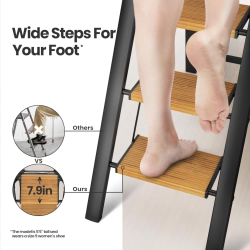 Image of SOLADDER 6 Step Ladder for 12 Ft High Ceiling, Folding Step Stool with Handgrip & Anti-Slip Wide Pedal, Portable Aluminum Stepladder for Kitchen, Home (300 lbs Capacity) - Black+Wood Grain