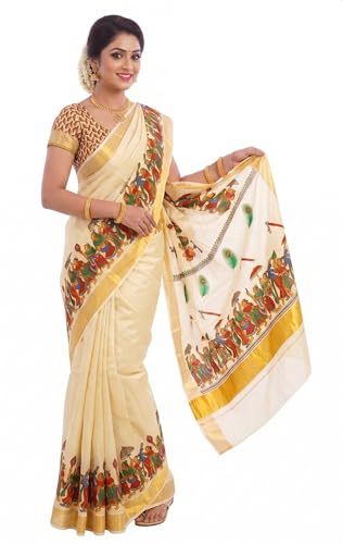 Image of Women's Mural Printed Kerala Gold Tissue Saree with Running Blouse Piece | Traditional South Indian Ethnic Saree for Festivals, Weddings & Special Occasions