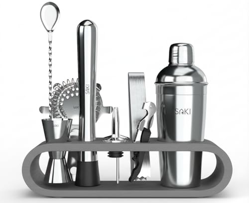 SAKI|Home Decor Cocktail Shaker Gift Set with Gray Stand- 10-Piece, Bartender Kit: Shaker, Spoon, Jigger, Muddler, Strainer, Wine & Beer Bottle Opener, Pour Spouts, Tongs (with Colour Box)