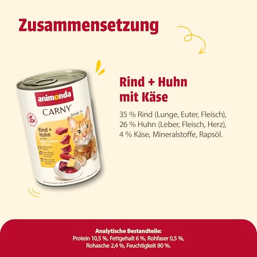 animonda Carny Senior Rind + Huhn mit Käse (6 x 400 g), Katzennassfutter für ältere Katzen ab 7 Jahren, Senior Nassfutter mit 100 % frischen Zutaten, Katzenfutter ohne Getreide und Zucker
