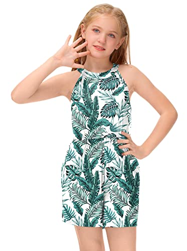 Besserbay Little Girls Summer Elastic Waist Cute Halter Neck Jumpsuit Green Leaf Sleeveless Romper With Side Pockets 7-8 Years #TOP1