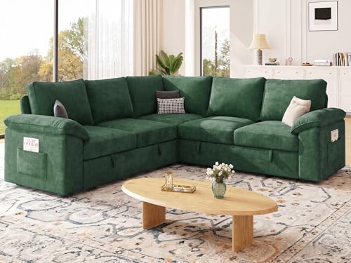 Image of 85 Inch Modular Sectional Sofa with Pull Out Bed, L Shaped 5 Seat Sectional Sleeper Sofa with Storage, Sectional Couches for Living Room, Cloud Modular Couch,Removable Sofa Cover,Green