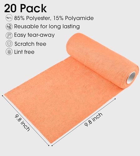 KitchLife Microfiber Cleaning Cloth Roll - Tear-Away Reusable Microfiber Paper Towels, Lint-Free, Washable, 20 Sheets for Kitchen, Car, Dishes, and Sensitive Surfaces (Coral)