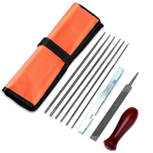 Bullwall 12-Pack Chainsaw File Kit, 5 Round Sizes, Flat File, Handle & Guide