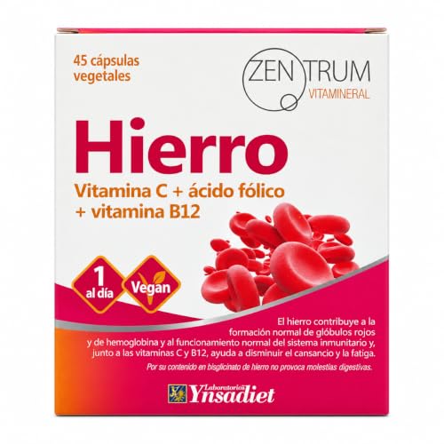 Zentrun Hierro Bisglicinato - 45 Cápsulas Vegetales - Con Vitamina C, Ácido Fólico y Vitamina B12-29 mg de Hierro por Cápsula - Fórmula Vegana