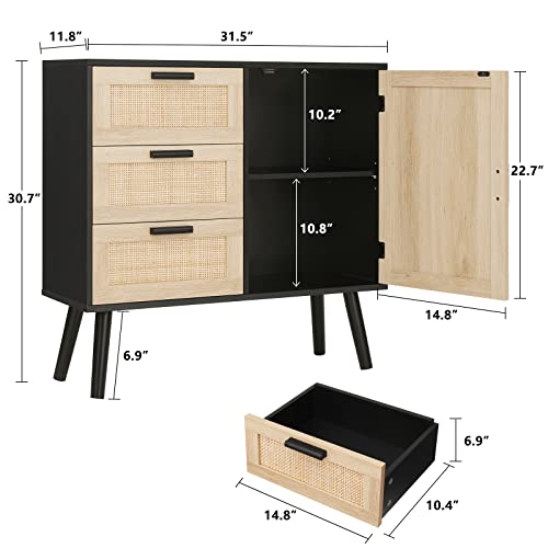Iwell Storage Cabinet With Rattan Door & 3 Drawers, Mid Century Modern Storage Cabinet With Adjustable Shelf, Rattan Storage Cabinet For Living Room, Bedroom, Hallway, Home Office, Black #TOP2