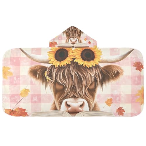 Image of A Highland Cow with Sunflowers Hooded Beach Towel for Kids, Kids Bath Hooded Towels for Boys Girls, Super Soft Absorbent Bathrobe with Hood for Swin Pool 50 inchx23.5 inch