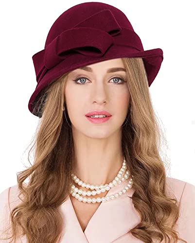Z&X Women Winter Wool Felt Cloche Bucket Hat 1920S Vintage Gatsby Hat Elegant Bow Church Wedding Hat Ivory White One Size #TOP3
