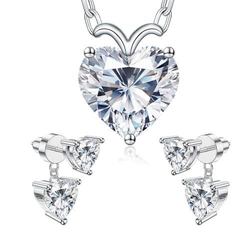 Fullove ForeverLove Heart Moissanite Necklace&Earrings Set For Women, 8 Carats Heartshap Moissanite, Silver Pendant Jewelry,Romantic Gifts for Wife, Girlfriend, Mom