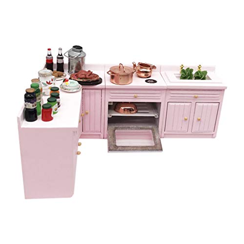 Sxfse Dollhouse Decoration Accessories,1:12 Dollhouse Miniature Furniture Wooden Kitchen Cabinet Set Freely Combined (Pink) #TOP2