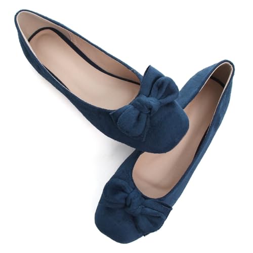 SAILING LU Cute Bow Black Ballet Flats Suede Dress Shoes for Women Comfortable Dressy Square Toe Walking Flats Shoes Slip Ons Business Casual2