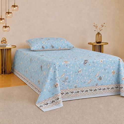 Image of Jaipur Weaves Single Bed Cotton Bedsheet with 1 Pillow Cover, 100% Pure Cotton Single Bedsheet 60x90 Inches, 180 TC Soft Breathable Bird Bed Sheet - (Pacific Blue Bird)