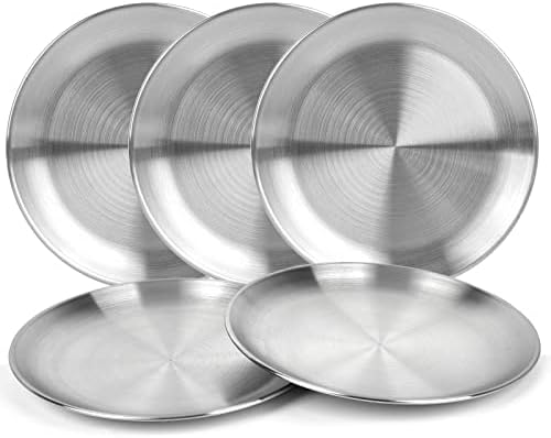 JXHAPY Reusable Brushed Metal Dinner Plates-Stainless Steel Round Plates,Dinner Plate Dish Heavy Duty Kitchenware Round Metal Plates | Dishwasher Safe |Use for BBQ Steak (8 Inch 5 Pack)