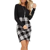 Femme Ruché Hem Moulante à Carreaux à Manches Longues Mini Robe de Travail Bringbring