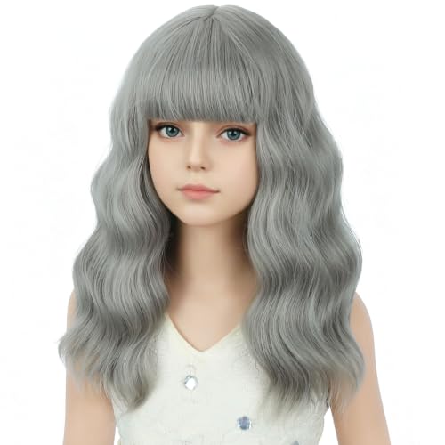 Image of Girls Gray Wig with Air Bangs Kids Short Gray Wavy Curly Wigs Children Synthetic Cosplay Hair for Halloween