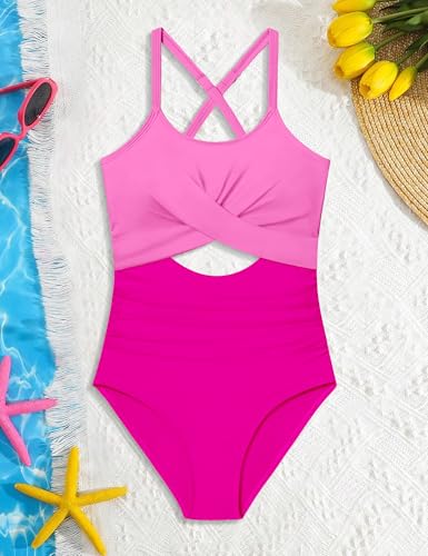 Image of Girl Swimsuit One Piece Cutout Ruched Bathing Suit for Girls Color Block Adjustable Straps Pad Swimwear 9-18y