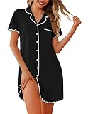 Ekouaer Nightgowns for Women Button Down Sleep Shirt Short Sleeve NightShirts Boyfriend Sleepdress Soft Pajama Dress,Black,Large
