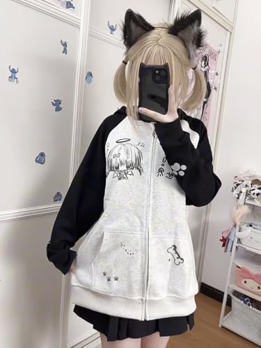 Y2k Kawaii Cartoon Anime Paw Print Harajuku Grunge Baggy Zip Up Hoodies Vintage Cutecore Preppy Loose Casual Jacket2