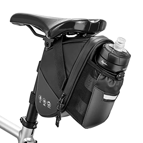 サドルバッグ ストラップ式 自転車用 大容量 1.5L 耐水性 ドリンクホルダー付き 撥水機能付き 反射材付き テールライトハンガー付き 取り付け簡単 自転車バッグ(ブラック)