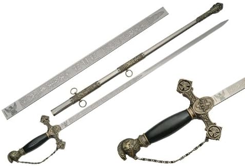 SZCO Espada de caballero templario de 37 pulgadas, aspecto de espada real medieval con hoja de acero inoxidable grabada, protector y pompa de latón