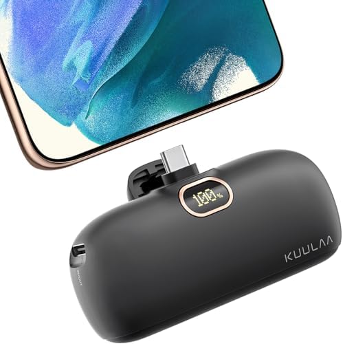 Kuulaa Portable Charger USB C with Built-in USB-C Plug, 5000mAh PD20W Fast Charging Power Bank, LCD Digital Display Battery Pack for iPhone 15/16,Samsung S22/S23 & Android (Black)
