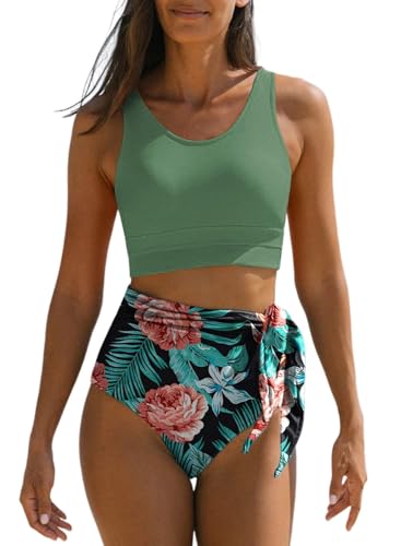 Dokotoo Womens 2 Piece Swimsuit Scoop Neck Sleeveless 2025 Racerback Top Tummy Control Tie Knot Bathing Suits Floral Bottoms