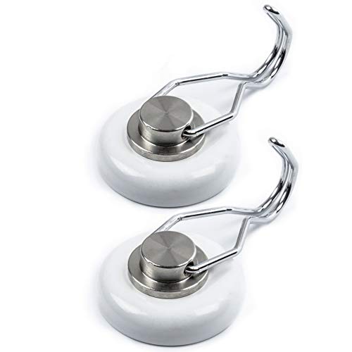 Mavoro Strong Magnetic Hooks for Hanging. Up to 30kg Set of 2 White Magnet Hooks Heavy Duty Magnets, Neodymium 52 Rare Earth Magnets. Rotating Swivel Style Magnet Hook for Refrigerator (White 2 pack)