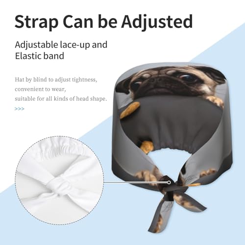 Image of Cute Pug Dog Print Working Cap Scrub Cap with Sweatband,Adjustable Fashion Bandage Tie Back Hat Headwear for Women Men
