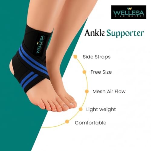 Image of WELLESA Orthowrap Ankle Support Brace | Free Size - Single (Blue) | Compression Wrap for Ankle Sprain | Swelling & Foot Pain Relief | Ankle Stabilizer for Sports, Running, Gym & Injury Recovery