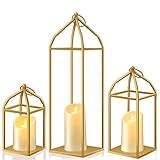 Sintuff 3 Sets Lantern Decorative Outdoor 19.7'' 13'' 10.2'' Modern Farmhouse Lantern Decor Open Frame with LED Lights for Home Indoor Outdoor Front Porch Garden(Golden)
