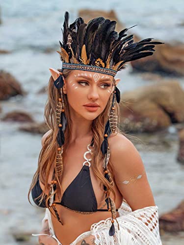 Gortin Indian Feather Headdress Headband Gypsy Native American Costume Headbands Halloween Hippie Headpiece Boho Feather Hair Accessory For Women And Men thumb #2