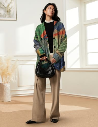 YESNO Women's Fall V-Neck Cardigan Sweaters Casual Graphic Oversized Open Front Button Down Long Sleeves Knit Tops SCV3