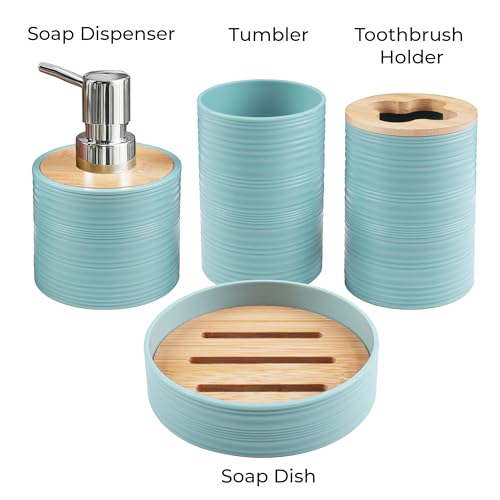 Image of Story@Home 4 Pieces Bathroom Accessories Set - Teal | Toothbrush Holder, Soap Dispenser, Mouth Wash Cup & Soap Dish for Home Kitchen & Bathroom | Bathroom Essentials for Office