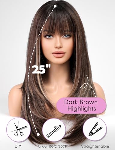 WOKESTAR Brown Wigs for Women Layered Straight Long Wig with Fringe, Brown Mixed Blonde, 25 inch - Image 3