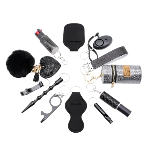 KH-Security 12-teiliges Selbstverteidigung Set - Sicherheit Schlüsselanhänger für Damen - Pfefferspray Kubotan Schrill Alarm Taschenlampe Pfeife u. m. (Schwarz)