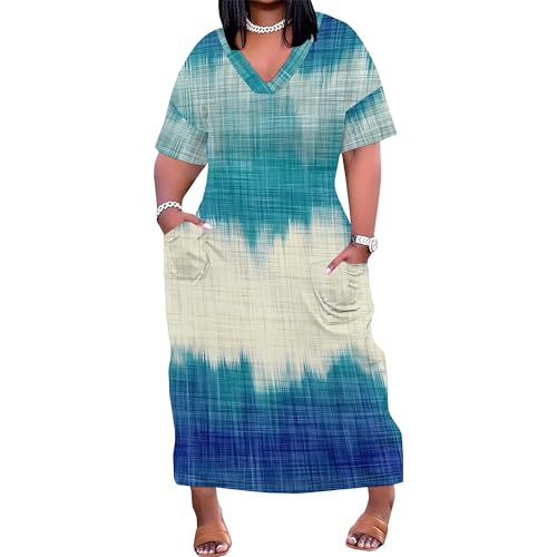 Image of Women Casual T-Shirt Dress V Neck Short Sleeve Solid Color Oversize Dress with Front Two Pockets
